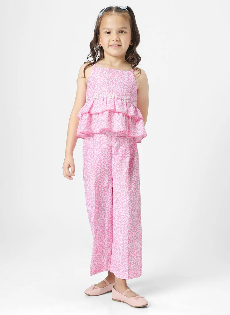 Nautinati Girls' All-over Floral Printed Strapped Top and Trousers Clothing Set